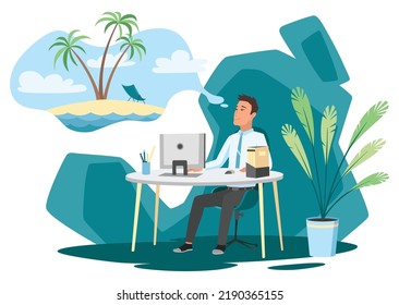 Office worker dreaming about vacation. Business man is relaxing and dreaming about something at his work place. Modern office interior. Business concept