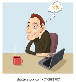 Office worker dreaming of summer days. Vector illustration