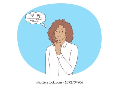 Office worker, dreaming of traveling concept. Young smiling woman office worker cartoon character in white shirt standing and dreaming about traveling to paradise island and have rest near sea 