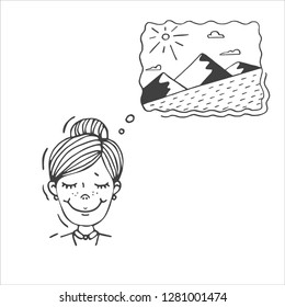 Office worker dreams of vacation. Vector illustration, design element, recreation concept.