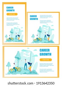 Office Worker Dressed Smart, Riding Motorcycle Up Hill, Trying to Reach Its Top. Support Group or Man and Woman Professional Coaches Cheering Him Up with Progress Flag. Career Growth Landing Pages.