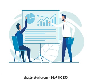 Office Worker, Dressed Smart, Showing Presentation with Diagrams, Graphs and Charts, Giving Report or Conducting Seminar, His Audience Being One Man, Holding Up His Hand, Asking Question