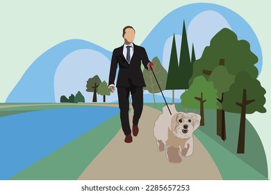 An office worker dressed in a suit walks in the park walking his pet dog seen from the front. Urban pet lifestyle