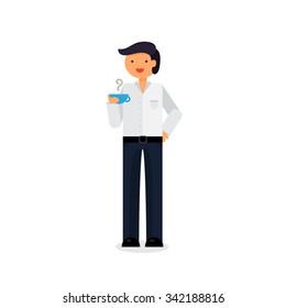 Office worker is drinking coffee or tea on break. Vector