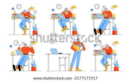 Office worker emotions, different activities and procrastination isolated set. Manager woman work at laptop, fired, love chat, rejoice, eat lunch, boring or sleep, Line art flat vector illustration