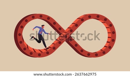 Office worker endlessly running on infinity shaped treadmill, concept of burnout, exhaustion, overwork, and being trapped in the repetitive cycle of modern professional life, flat vector illustration
