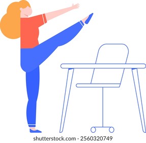 Office worker engaging in leg stretches beside desk and chair, enhancing workplace wellness and encouraging physical activity during breaks for improved health and productivity