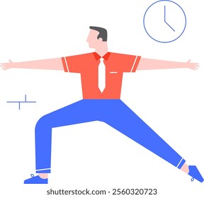 Office worker engaging in yoga stretches and exercises during break time, enhancing health and wellness while promoting relaxation and balance in a busy work environment