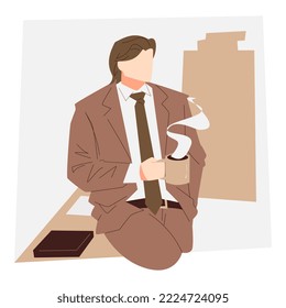 office worker enjoying hot drink in office. sit at the table. coffee, tea, milk. business theme, work, morning, etc. flat vector illustration