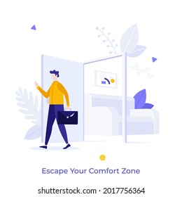 Office worker, entrepreneur or businessman with briefcase walking out open door. Concept of escaping comfort zone, step to success, personal development. Modern flat vector illustration for banner.