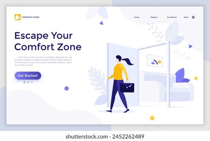 Office worker, entrepreneur or businessman with briefcase walking out open door. Concept of escaping comfort zone, step to success, personal development. Modern flat vector illustration landing page