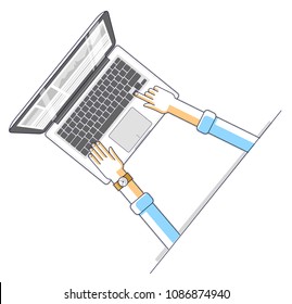 Office worker or entrepreneur businessman working on a PC computer notebook, top view of workspace desk with human hands, overhead look. Vector illustration.