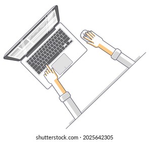 Office worker or entrepreneur businessman working on a PC computer notebook, top view of workspace desk with human hands, overhead look. Vector illustration.