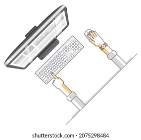 Office worker or entrepreneur businessman working on a PC computer, top view of workspace desk with human hands, overhead look. Vector illustration.