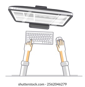 Office worker or entrepreneur businessman working on a PC computer, top view of workspace desk with human hands, overhead look. Vector illustration.