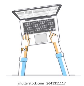Office worker or entrepreneur businessman working on a PC computer laptop, top view of workspace desk with human hands, overhead look. Vector illustration.