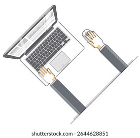 Office worker or entrepreneur businessman working on a PC computer laptop, top view of workspace desk with human hands, overhead look. Vector illustration.