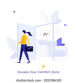 Office worker, entrepreneur or businesswoman with briefcase walking out open door. Concept of escaping comfort zone, step to success, personal development. Modern flat vector illustration for banner.