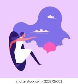 Office worker, entrepreneur or businesswoman walking out comfort zone. Concept of escaping comfort zone, step to success, personal development, flat vector illustration