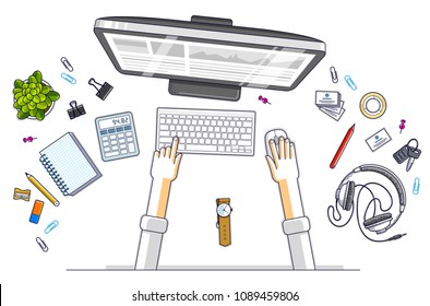 Office worker or entrepreneur working on a PC computer, top view of workspace desk with human hands and diverse stationery objects. All elements are easy to use separately. Vector illustration.