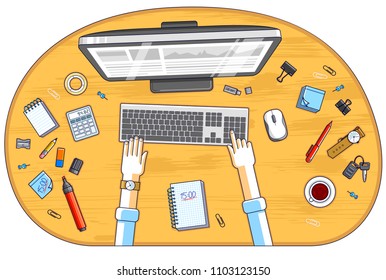 Office worker or entrepreneur working on a PC computer, top view of workspace desk with human hands and diverse stationery objects. All elements are easy to use separately. Vector illustration.