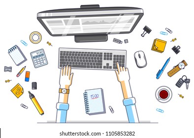 Office worker or entrepreneur working on a PC computer, top view of workspace desk with human hands and diverse stationery objects. All elements are easy to use separately. Vector illustration.