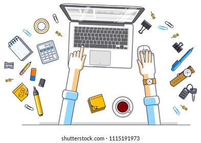 Office worker or entrepreneur working on a laptop computer, top view of workspace desk with human hands and diverse stationery objects. All elements are easy to use separately. Vector illustration.