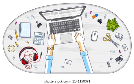 Office worker or entrepreneur working on a laptop computer, top view of workspace desk with human hands and diverse stationery objects. All elements are easy to use separately. Vector illustration.