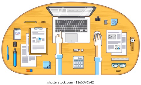 Office worker or entrepreneur working on a laptop computer, top view of workspace desk with human hands and diverse stationery objects. All elements are easy to use separately. Vector illustration.