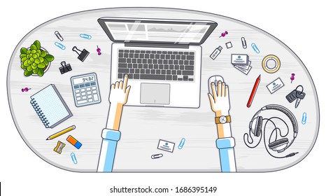 Office worker or entrepreneur working on a laptop computer, top view of workspace desk with human hands and diverse stationery objects. All elements are easy to use separately. Vector illustration.