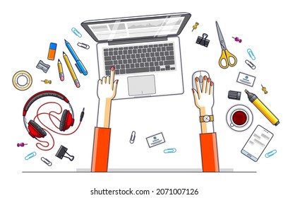Office worker or entrepreneur working on a laptop computer, top view of workspace desk with human hands and diverse stationery objects. All elements are easy to use separately. Vector illustration.