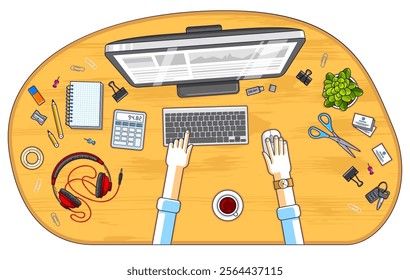 Office worker or entrepreneur working on a PC computer, top view of workspace desk with human hands and diverse stationery objects. All elements are easy to use separately. Vector illustration.