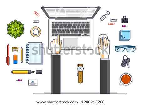 Office worker or entrepreneur working on a laptop computer, top view of workspace desk with human hands and diverse stationery objects. All elements are easy to use separately. Vector illustration.
