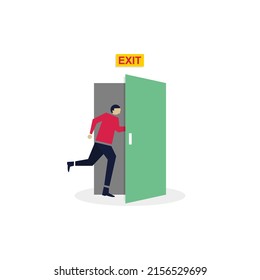 Office worker evacuation route from building flat color vector illustration. Exit line building occupants. People running towards the exit.