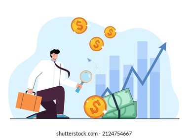 Office worker examining money with magnifying glass. Employee and cash with bar graphs in background flat vector illustration. Success, finances concept for banner, website design or landing web page