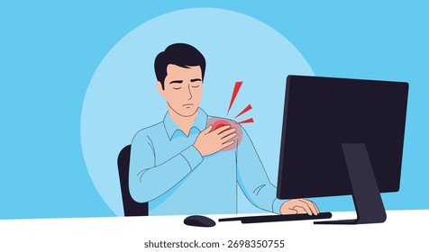 Trabalhador de escritório sentir dor aguda no ombro e tensão muscular de sentar-se em sua mesa de computador por muito tempo com postura ruim.