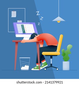 Office worker falls asleep at the workplace. Tired sleepy man sleeping at work.