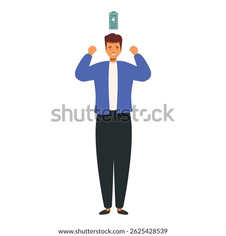 Office worker feeling energetic and powerful with full battery symbol above his head