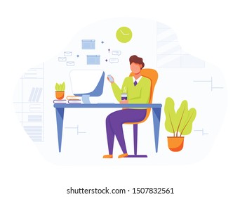 Office worker flat vector illustration. Businessman, boss drinking coffee. Comfortable workplace with computer. Secretary, personnal assistant checking mail. Employee, office manager cartoon character