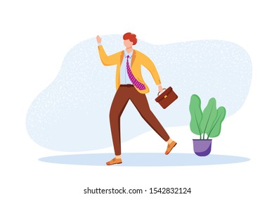 Office worker flat vector illustration. Employee with briefcase hurrying to workplace. Staff member going to meeting. Candidate faceless cartoon character going to interview. Person late for work