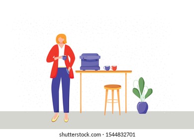 Office worker flat vector illustration. Female employee with cup in break room with coffee station. Lunchroom interior with furniture and domestic plant. Faceless cartoon character enjoying hot drink