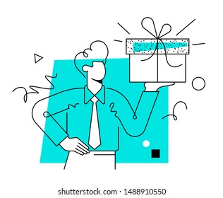 Office worker in formal wear holding a gift box. Special offer. Modern vector illustration.