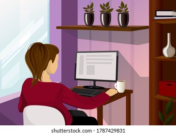 Office worker or freelancer. Pretty woman is sitting at the desk and working on the computer. Comfortable workplace, modern interior. Home office, freelance, online study, education. Flat vector. 