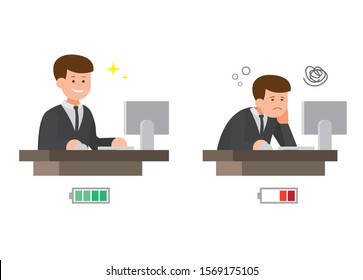 office worker fresh and tired with energy bar in flat illustration vector isolated in white background