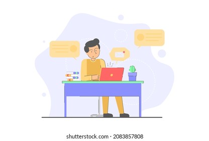 Office worker in front of laptop receiving mail. Conceptual flat illustration.