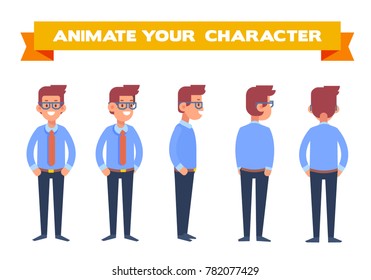 Office worker. Front, side, back, 3/4 view animated character. Cartoon style, flat vector illustration.
 