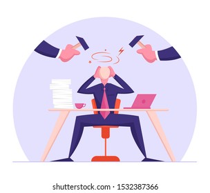 Office Worker Frustration, Career Burnout. Troubled Businessman Sitting at Desk Protecting Head From Punching Hammers with Hands. Headache from Difficult Task, Stress. Cartoon Flat Vector Illustration