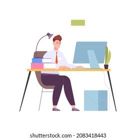 Office Worker Full Of Energy. Cartoon Employee At Computer, Vector Illustration Isolated On White Background