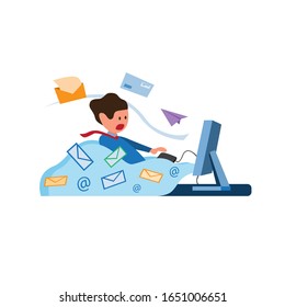 Office Worker With Full Of Envelope And Email Coming Out From Computer, Inbox Message Full, Email Spamming Illustration Symbol In Flat Style Vector