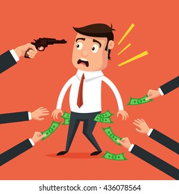Office worker get robbery. Hands steal money. Vector flat cartoon illustration